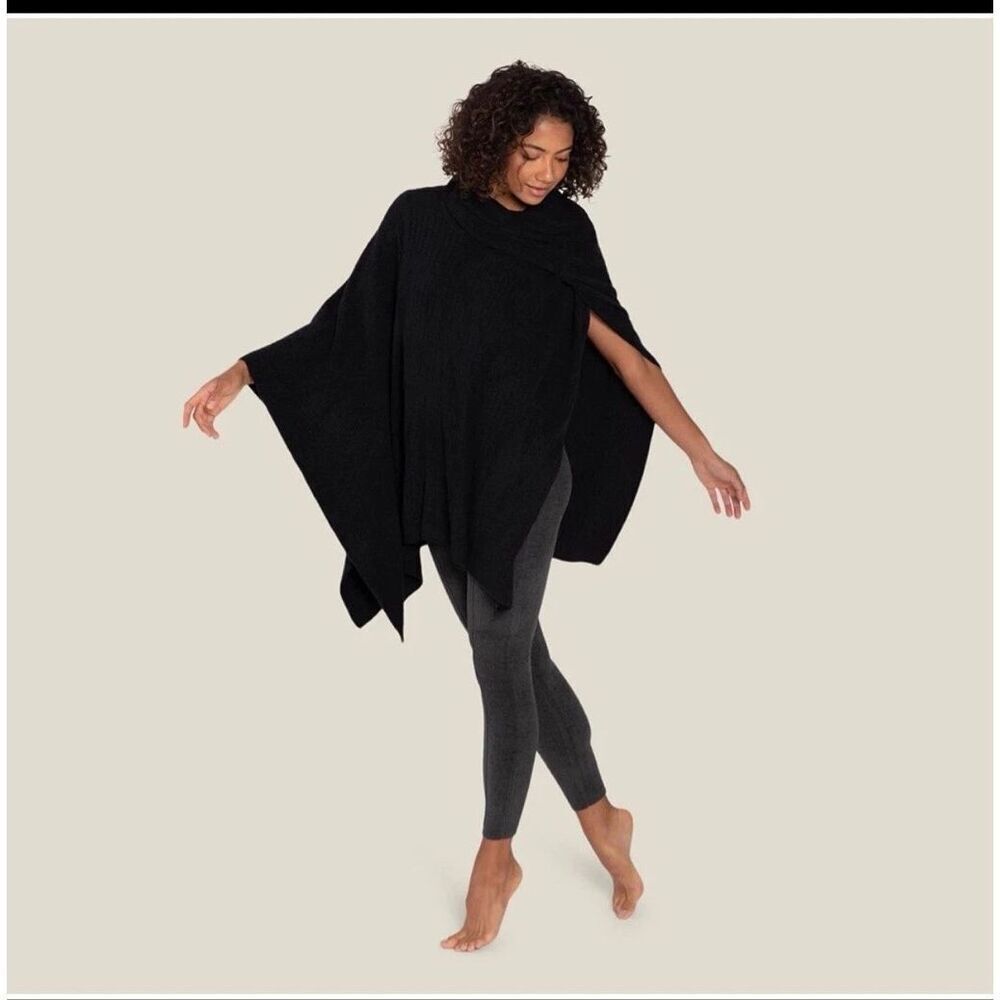 Barefoot Dreams CozyChic Lite Ribbed Travel Poncho Wrap Black One Size